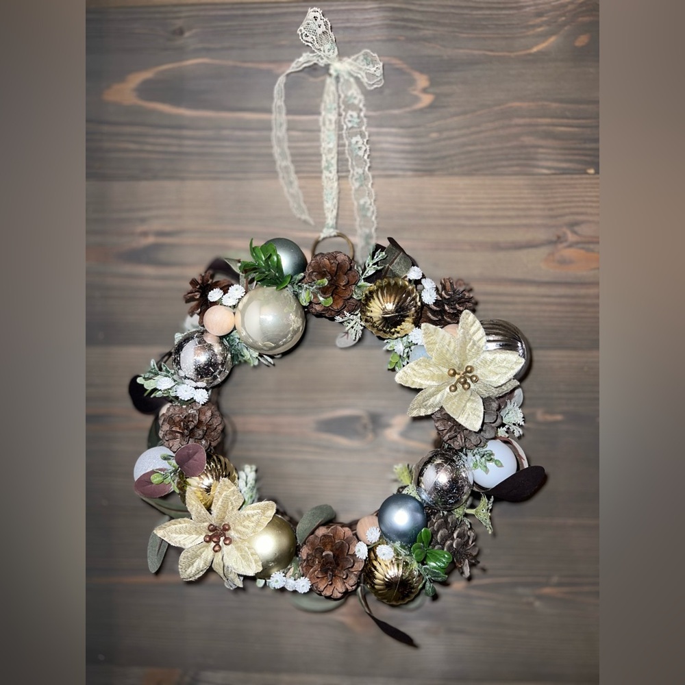 COPY - New Festive Holiday Wreath Silver, Gold, & dusty blue handmade